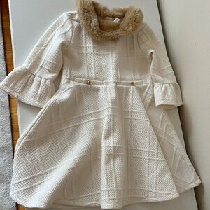 Janie & Jack Cream-Colored Dress with Faux Fir Collar | Size 5T